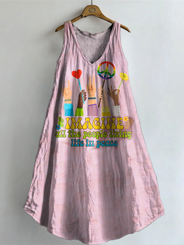 Women's Hippie Pattern Art Print V-Neck Pocket Cotton Dress