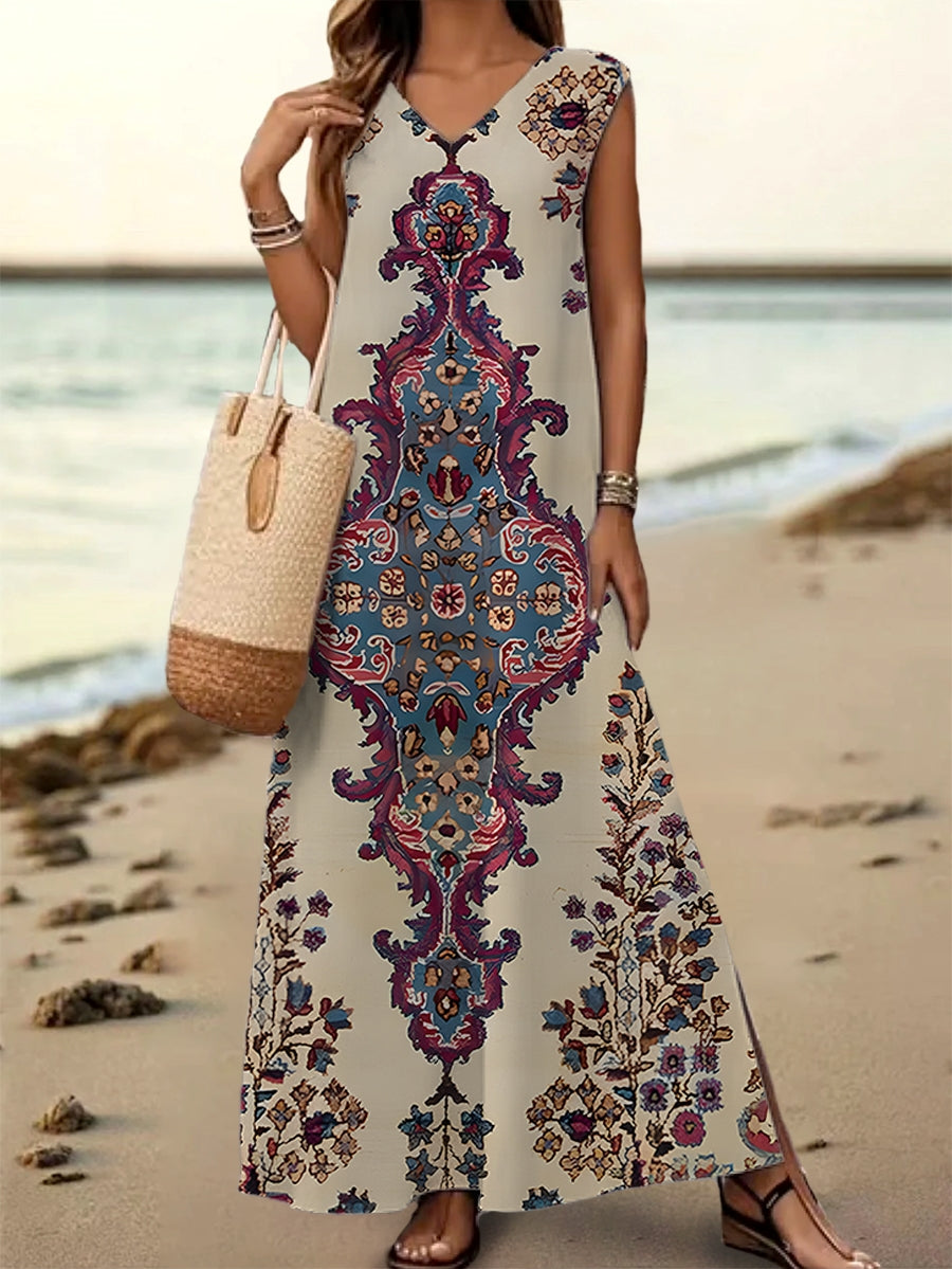 Women's Floral Art Print V-Neck Sleeveless Cotton Pocket Dress