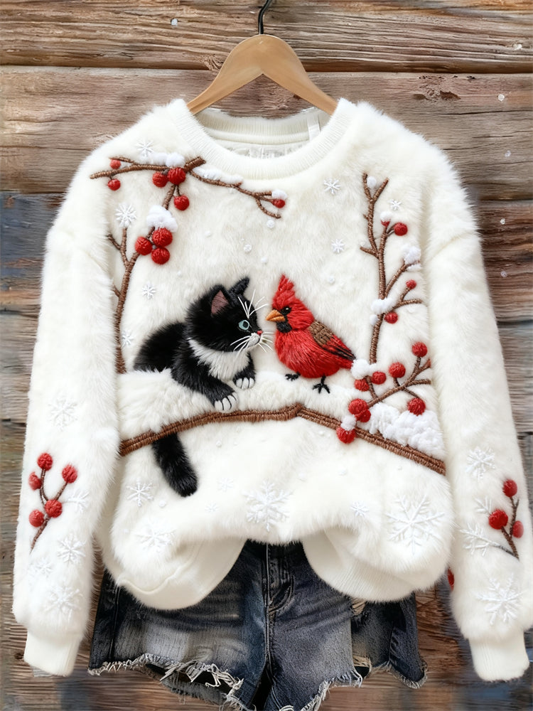 Comstylish Lovely Cat & Cardinal Berry Branch Snowflakes Cozy Plush Sweatshirt