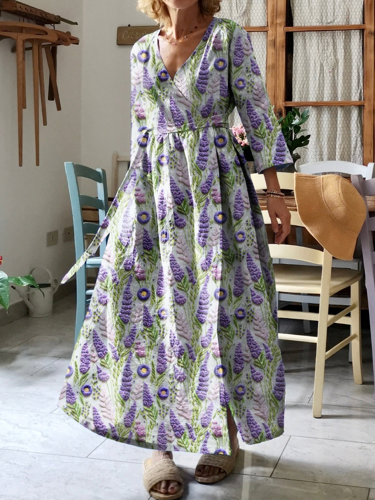 Women's Lavender Flowers Art Print V-Neck Cotton Pocket Wrap Dress