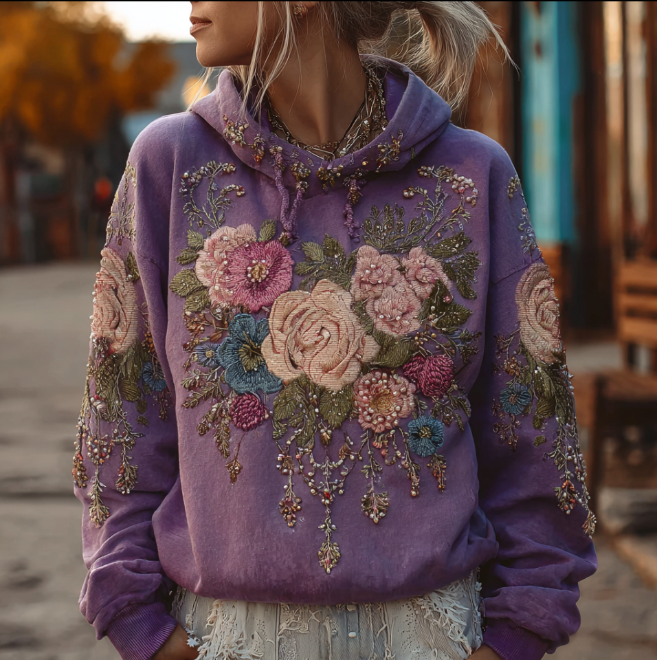 Comstylish Bohemian Style Plant And Flower Embroidery Pattern Women's Hooded Sweatshirt