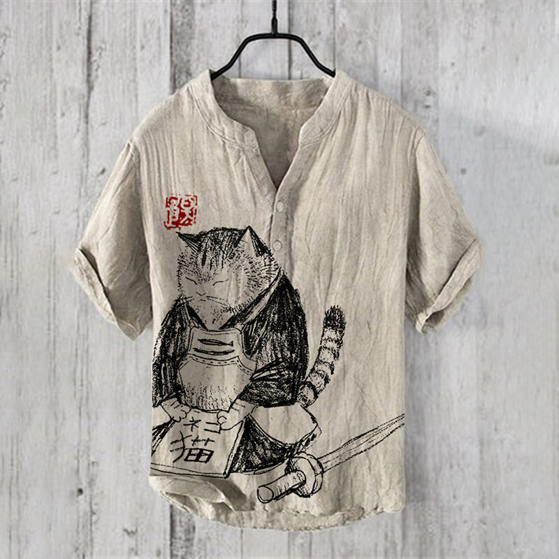 Retro Cat  Japanese Bushido Art Print Half Button Linen Blend Shirt elevenforest