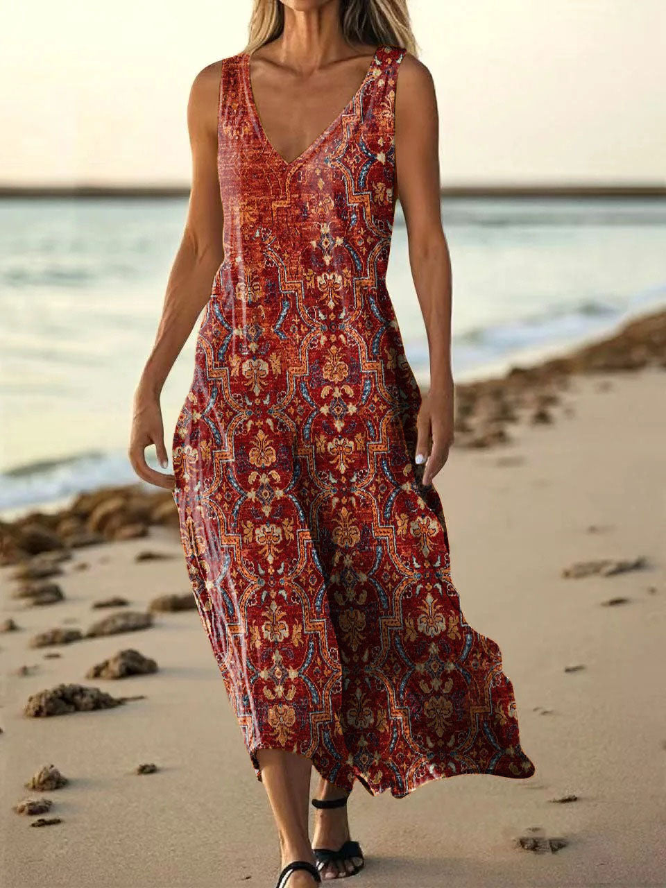 Women's National Totem Folk Art Print V-neck Sleeveless Pocket Cotton