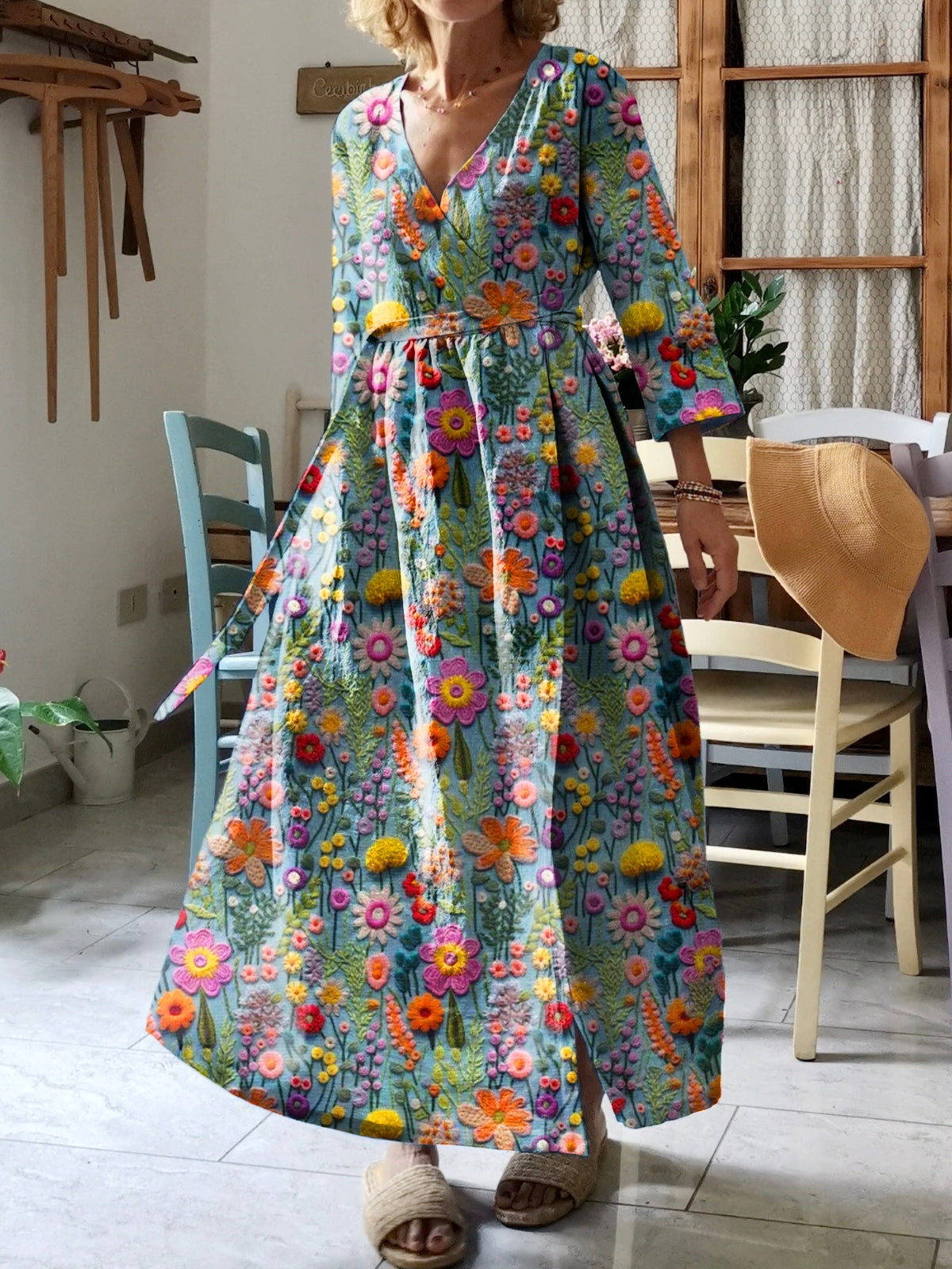 Women's Bohemian Flowers Print V-Neck Cotton Pocket Wrap Dress