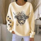 Women's Highland Cow Print Crew Neck Casual Sweatshirt artswardrobe