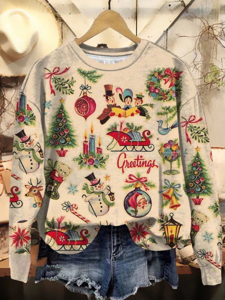 Comstylish Christmas Retro Pattern Print Casual Sweatshirt