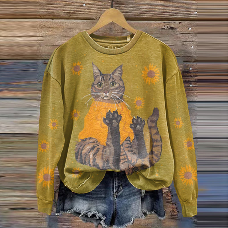 Abstract Creative Sunflower With Cat Print Crew Neck Casual Sweatshirt elevenforest