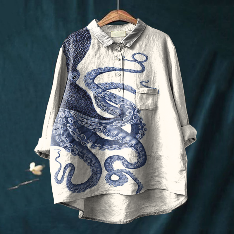 Comstylish Japanese Octopus Art Print Casual Blouse