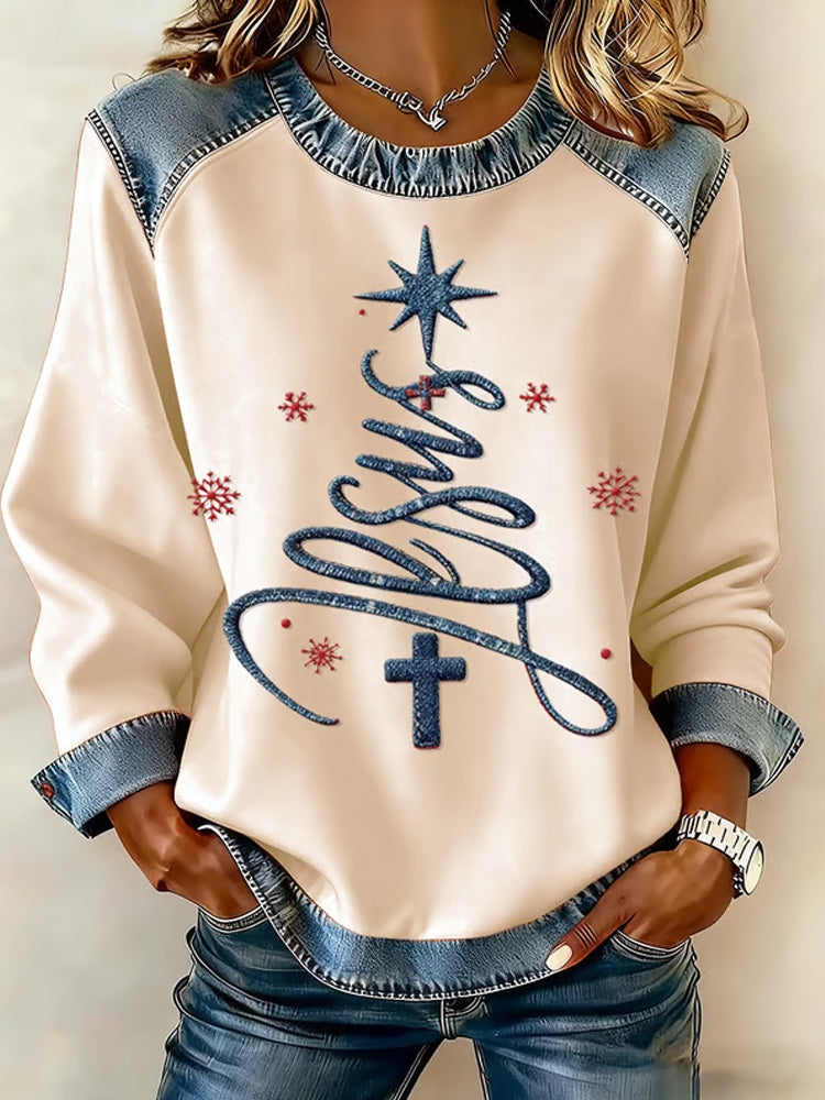 Comstylish Women's Casual Retro Faith Christmas Tree Sweatshirt