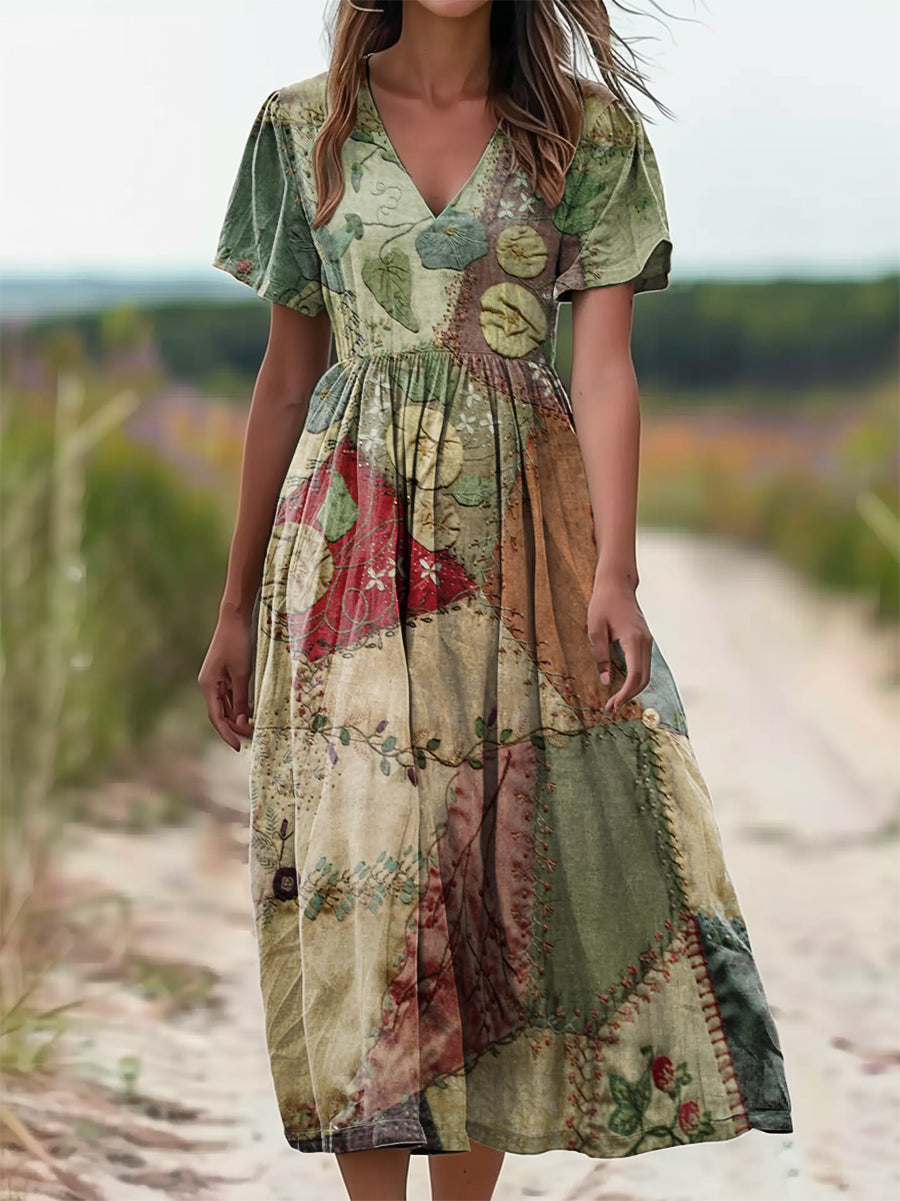 Women's Vintage Floral Patchwork Print V-Neck Short Sleeve Pocket Cott