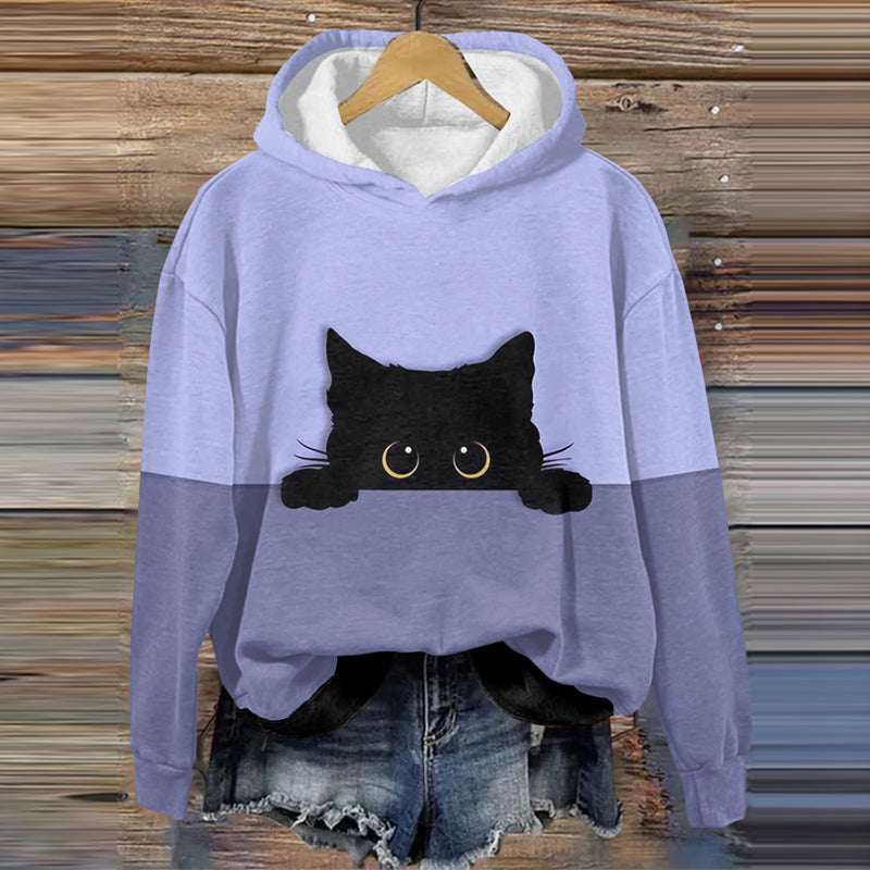 Abstract Creative Peek-A-Boo Black Cat Pattern Print Casual Sweatshirt elevenforest