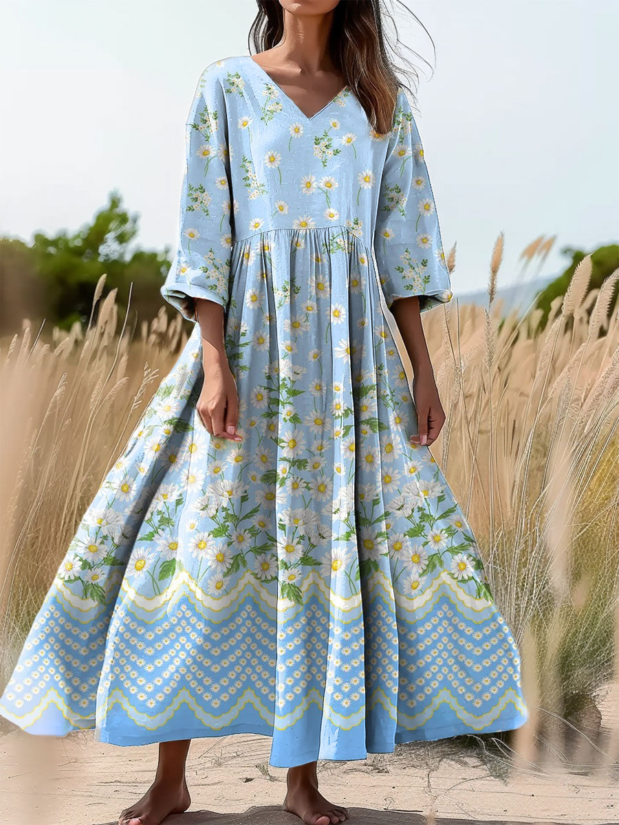 Women's Floral Art Print Flowy V-Neck Cotton Dress