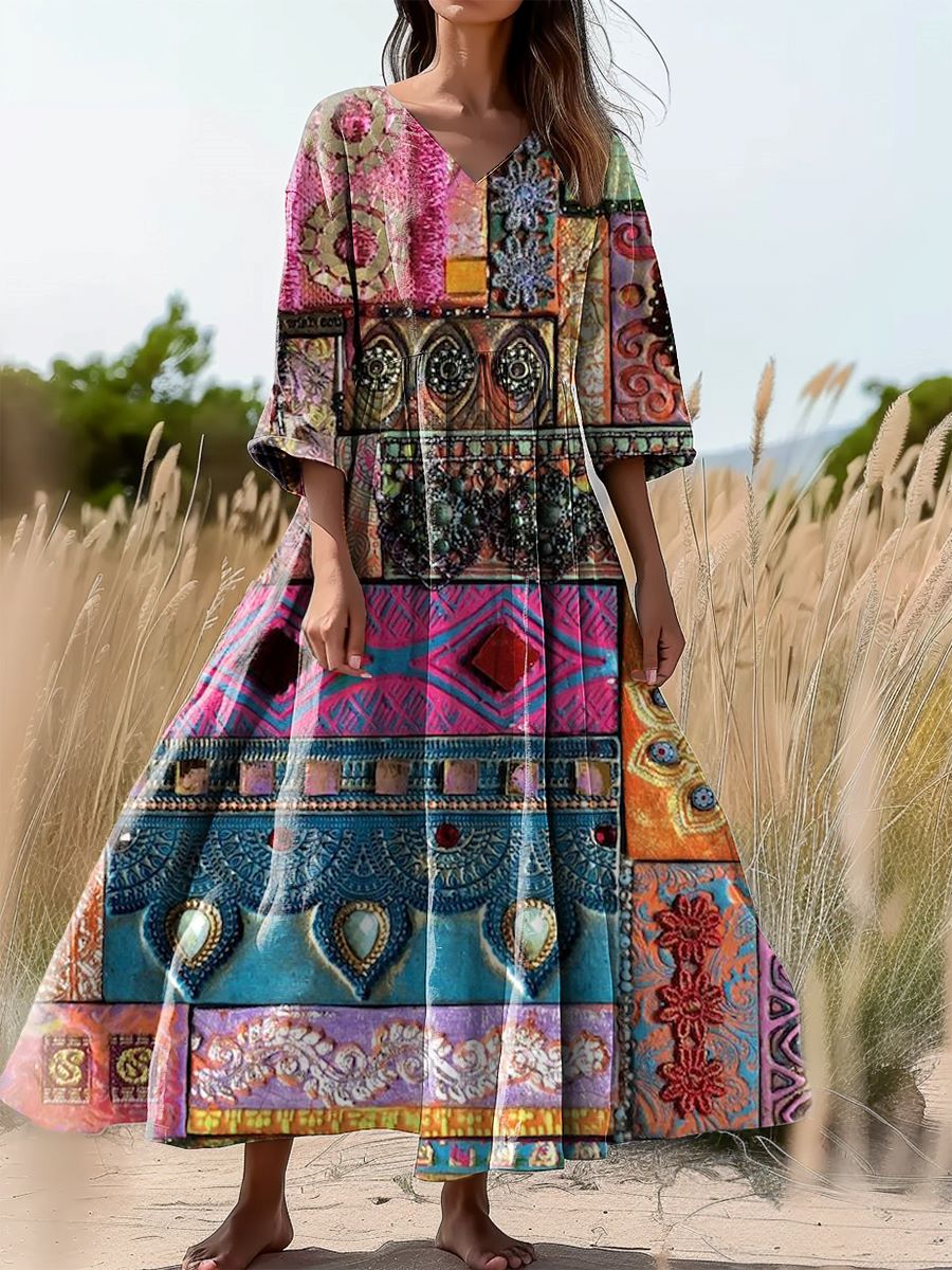 Women's Ethnic Tattoo Patchwork Art Print Flowy V-Neck Cotton Dress