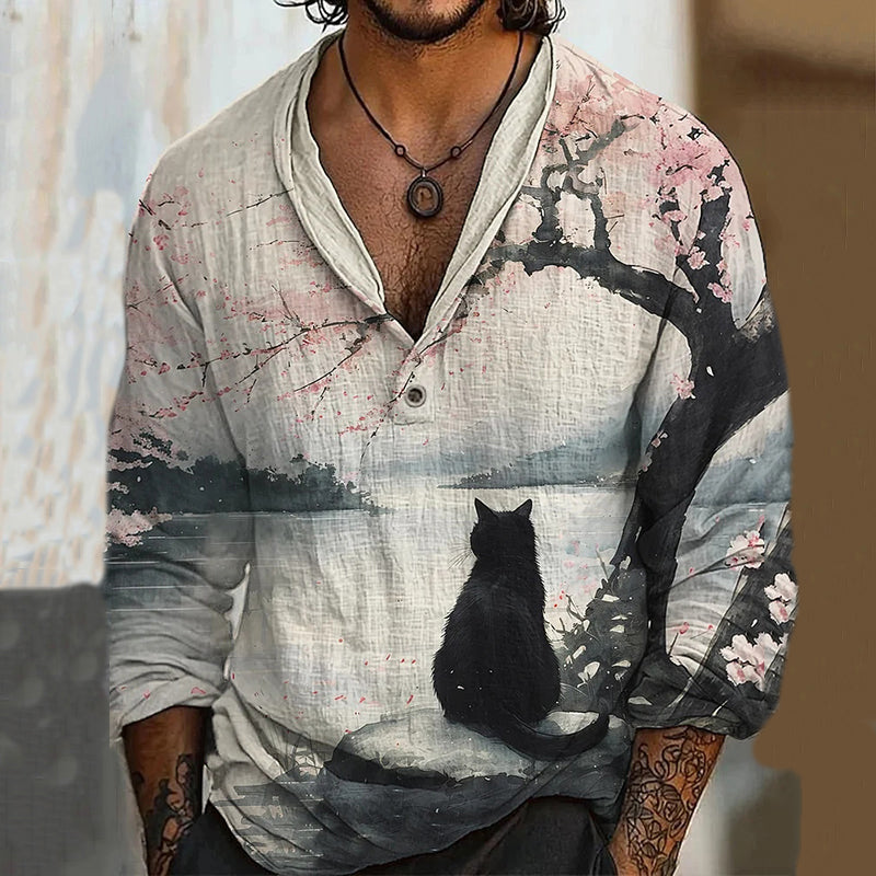 Men's Japanese Cherry Blossom Tree Black Cat Art Long Sleeve Linen Blend Shirt elevenforest