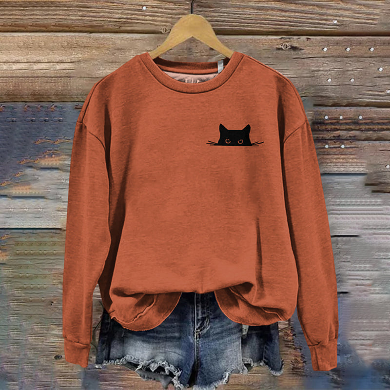 Comstylish Women's Embroidered Black Cat Print Sweatshirt