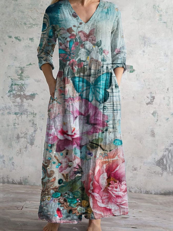 Vintage Shabby Art Pattern Printed Casual Cotton Dress