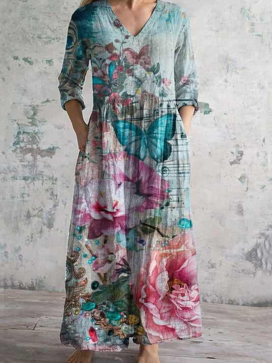 Vintage Shabby Art Pattern Printed Casual Cotton Dress