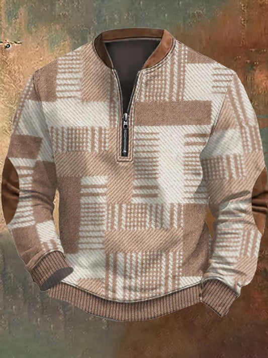 Men's Retro Western Textured Print Zip Collar Sweatshirt artswardrobe
