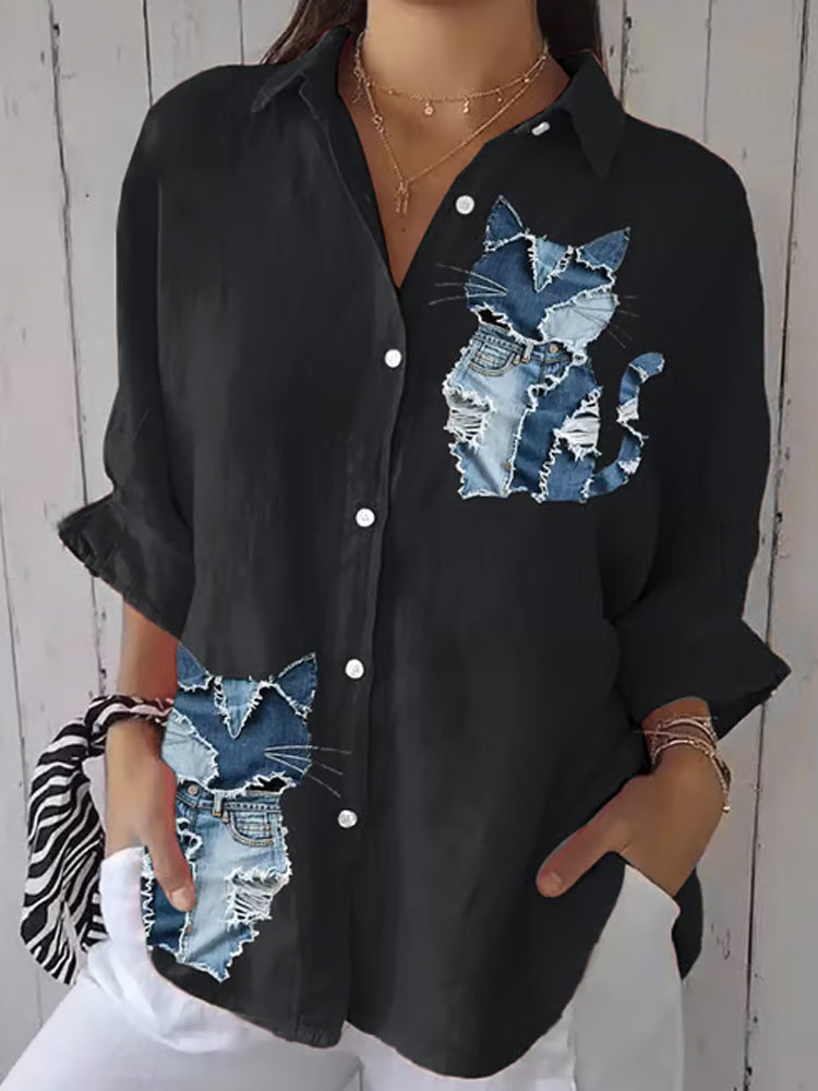 Women's Retro Funny Denim Patch Animal Cat Print Casual Shirt artswardrobe