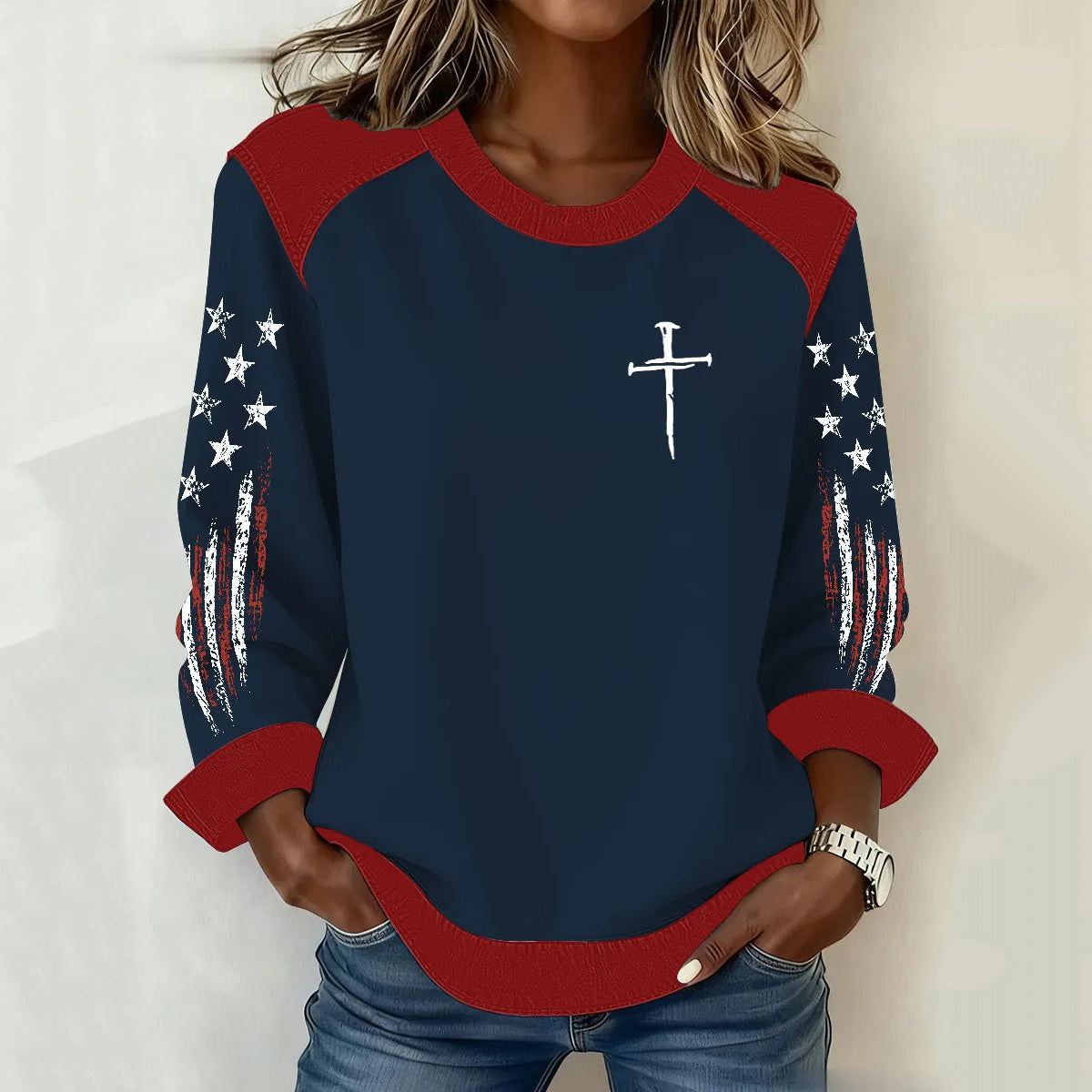 Comstylish Women's Vintage American Flag Inspired Faith Cross Print Sweatshirt