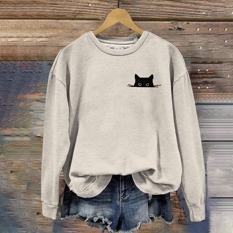 Comstylish Women's Embroidered Black Cat Print Sweatshirt