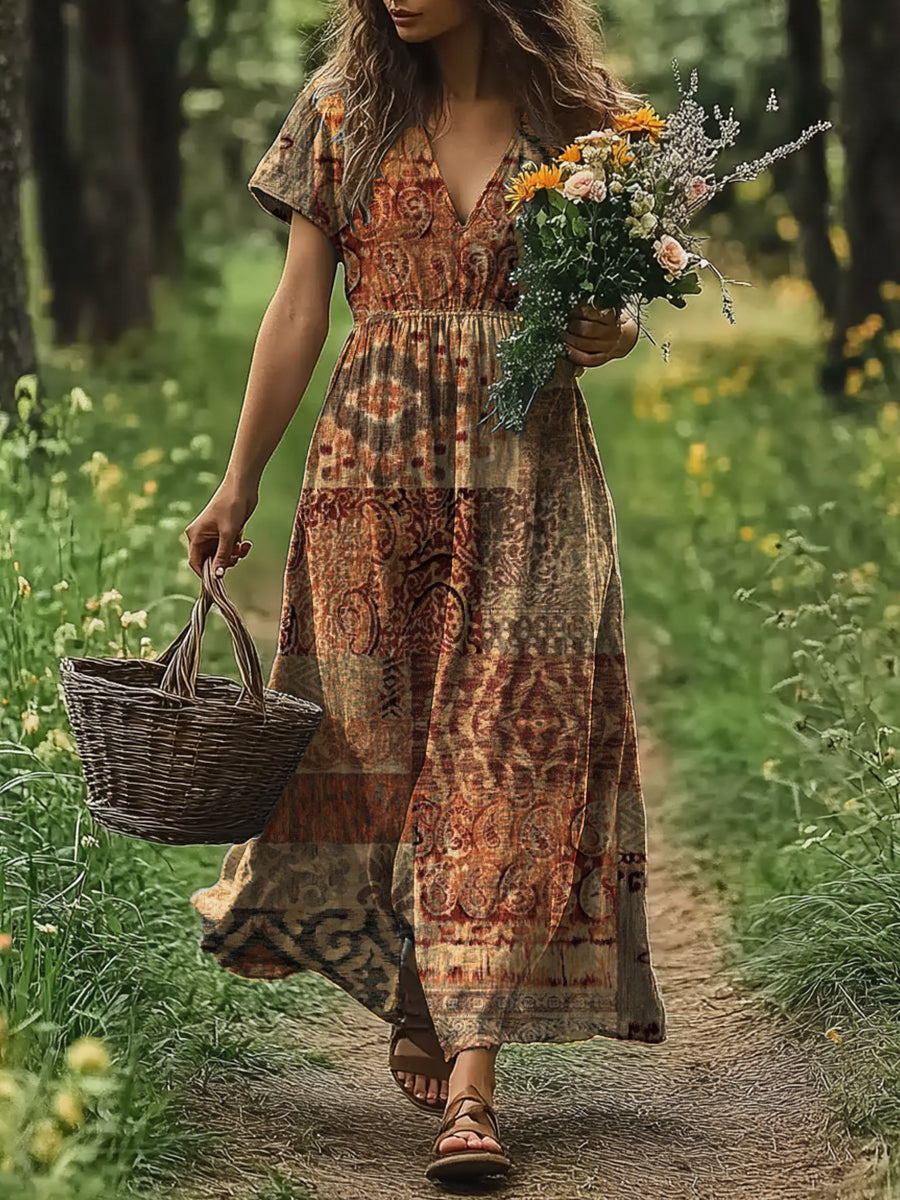 Women's Art Painting Ethnic Retro Print V-Neck Dress