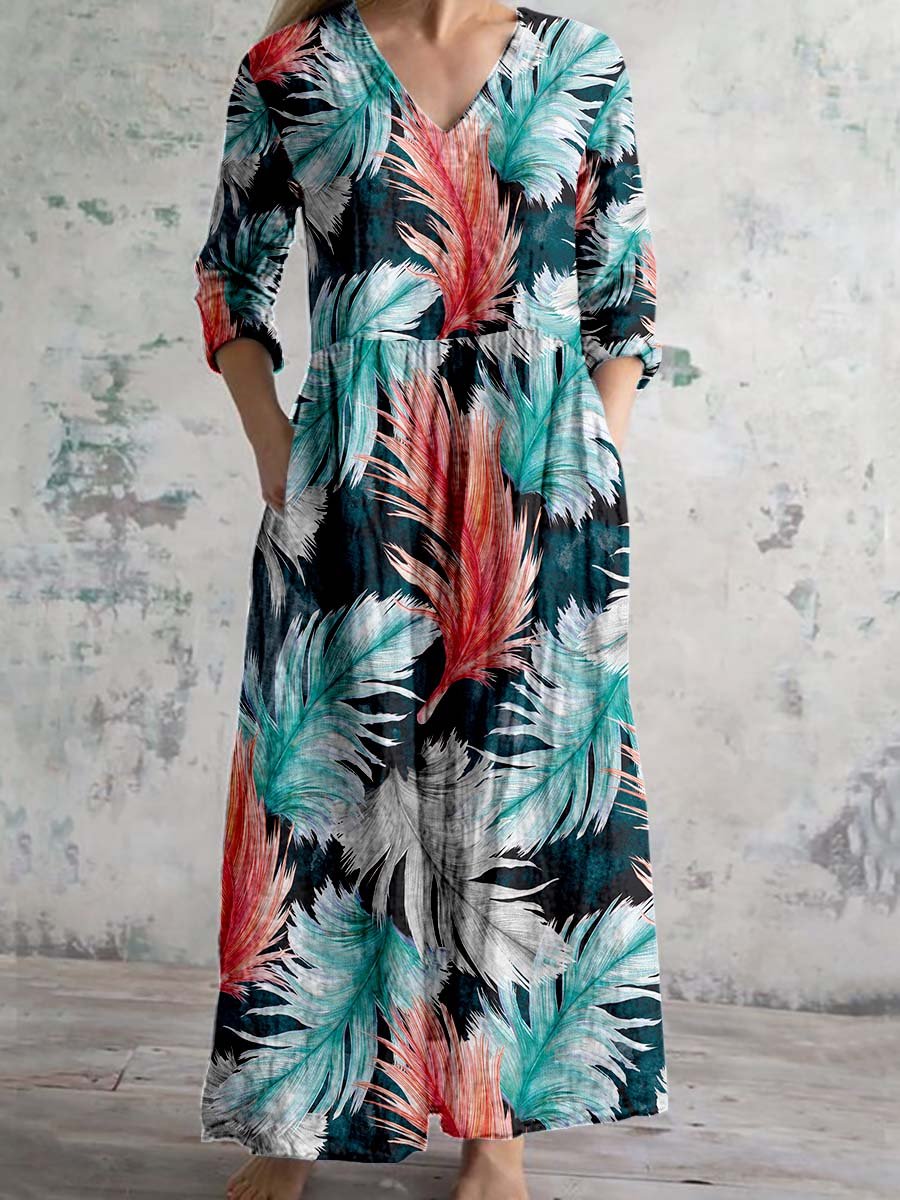 Women's V-Neck Vintage Feather Print Graphic Dress with Pockets