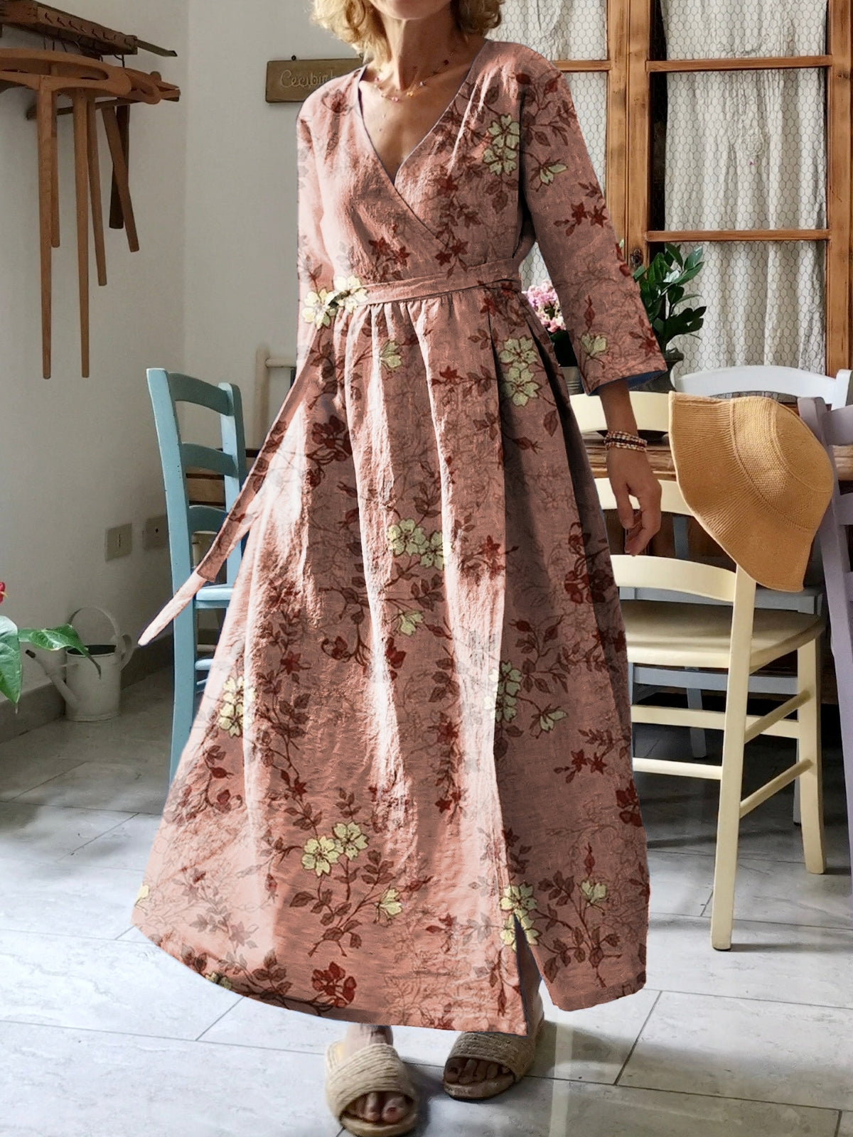 Women's Flower Art Print V-Neck Cotton Pocket Wrap Dress