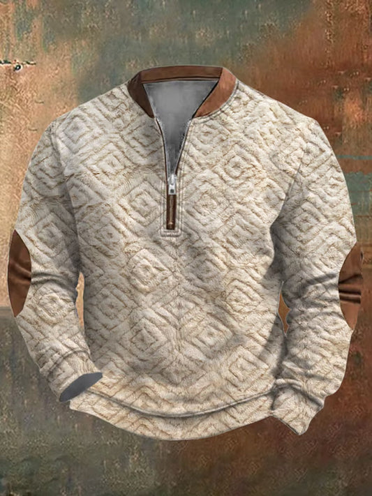 Men's Retro Diamond Print Casual Zipper Sweatshirt artswardrobe