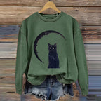 Retro Cat Print Crew Neck Sweatshirt elevenforest