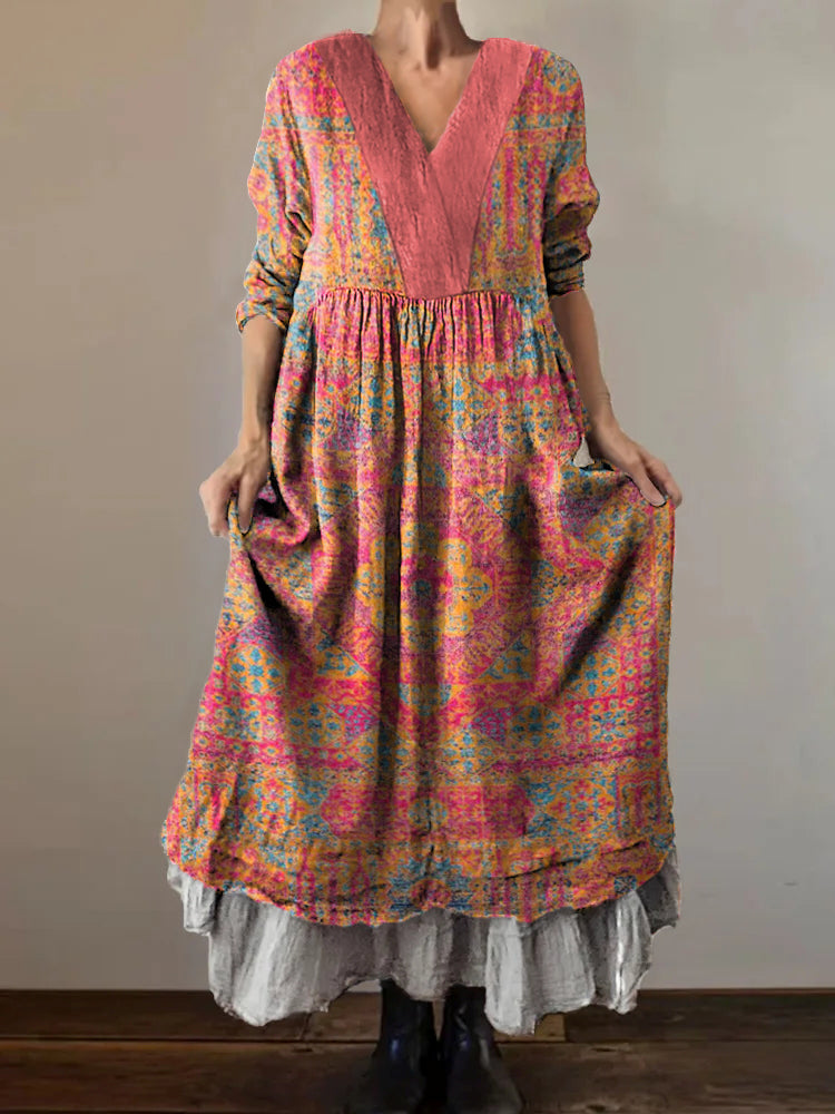 Women's Bohemian Ethnic Art Pattern Print V-Neck Pocket Cotton Dress