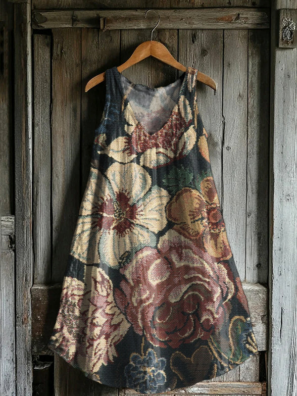 Women's Floral Vintage Print V-neck Pocket Cotton Dress