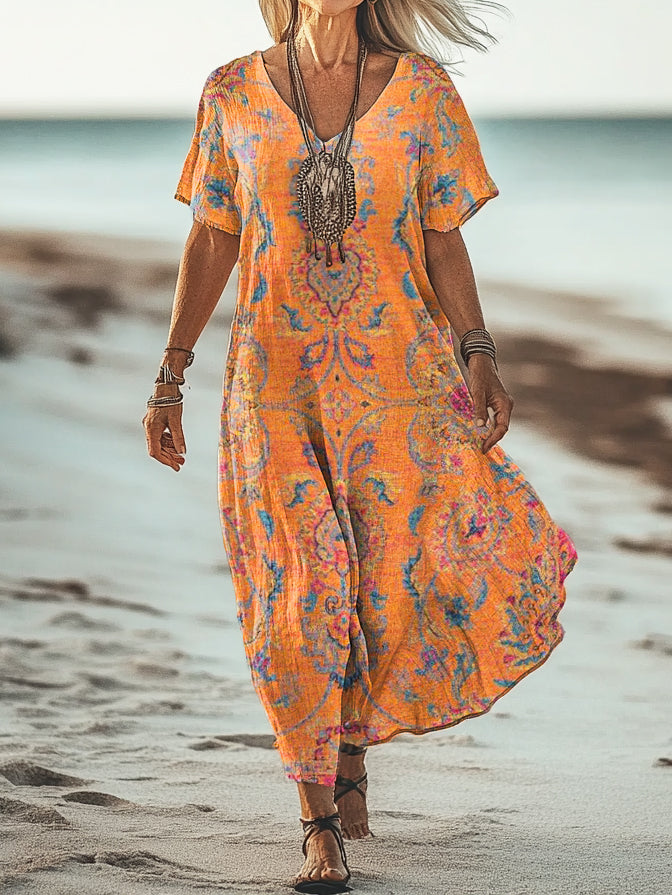 Women's Ethnic Totem Print V-neck Short-sleeved Cotton Pocket Dress