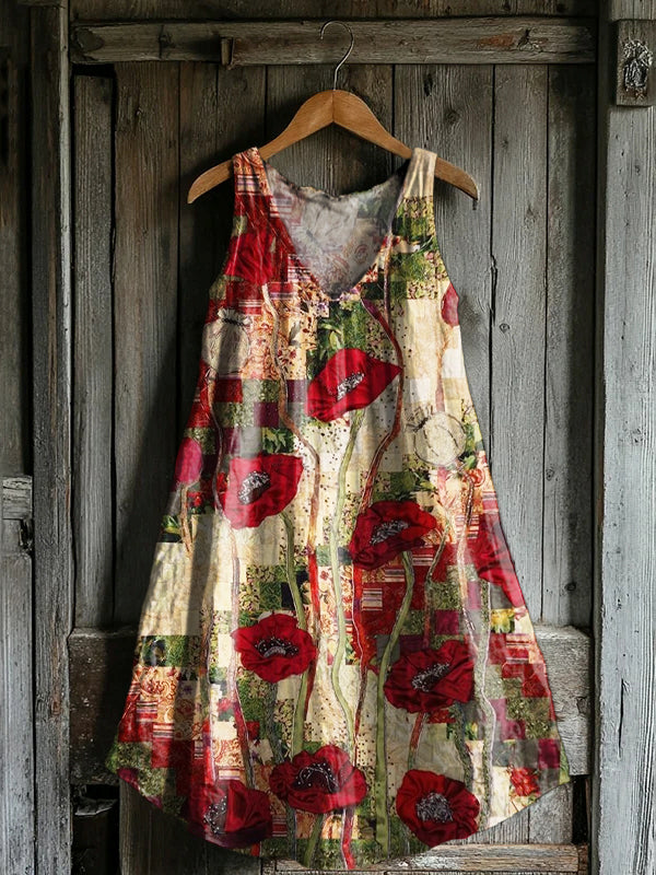 Women's Poppy Flowers Art Pattern Print V-neck Pocket Cotton Dress