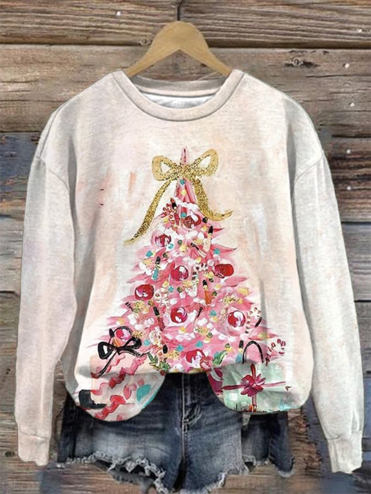 Comstylish Women's Christmas Tree Art Print Casual Sweatshirt