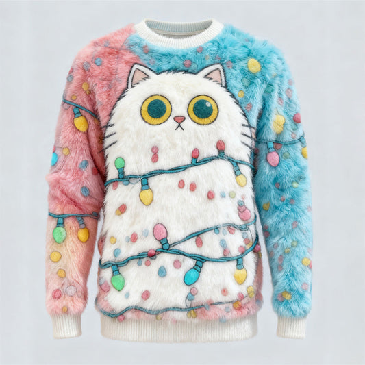 Women's Fun Christmas Cat And Fairy Lights Comfortable Plush Crew Neck Sweatshirt elevenforest