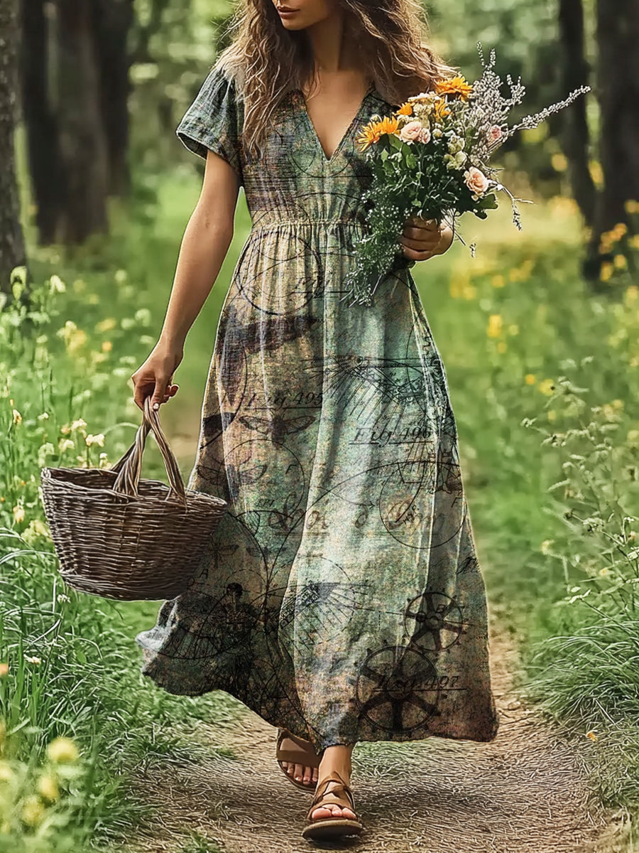 Women's Art Painting Vintage Print V-Neck Short Sleeve Dress