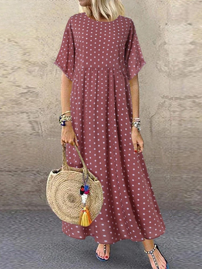 MW | Polka Dot Damen Midikleid Bohemian Urlaub Kurzarm O-Ausschnitt Lange Robe Vintage Locker Lässig A-line Vestidos Sommer