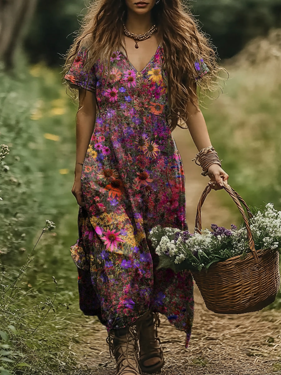 Women's Art Floral Vintage Print V-Neck Dress