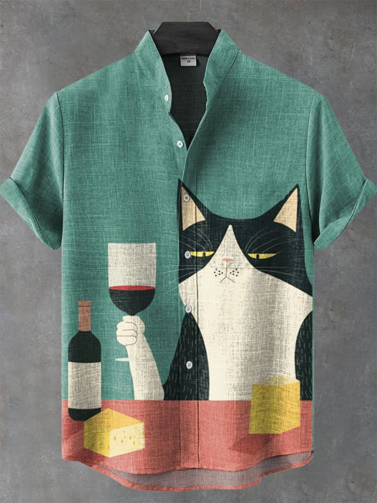 Interesting Simple Drinking Cat Art Print Casual Shirt elevenforest