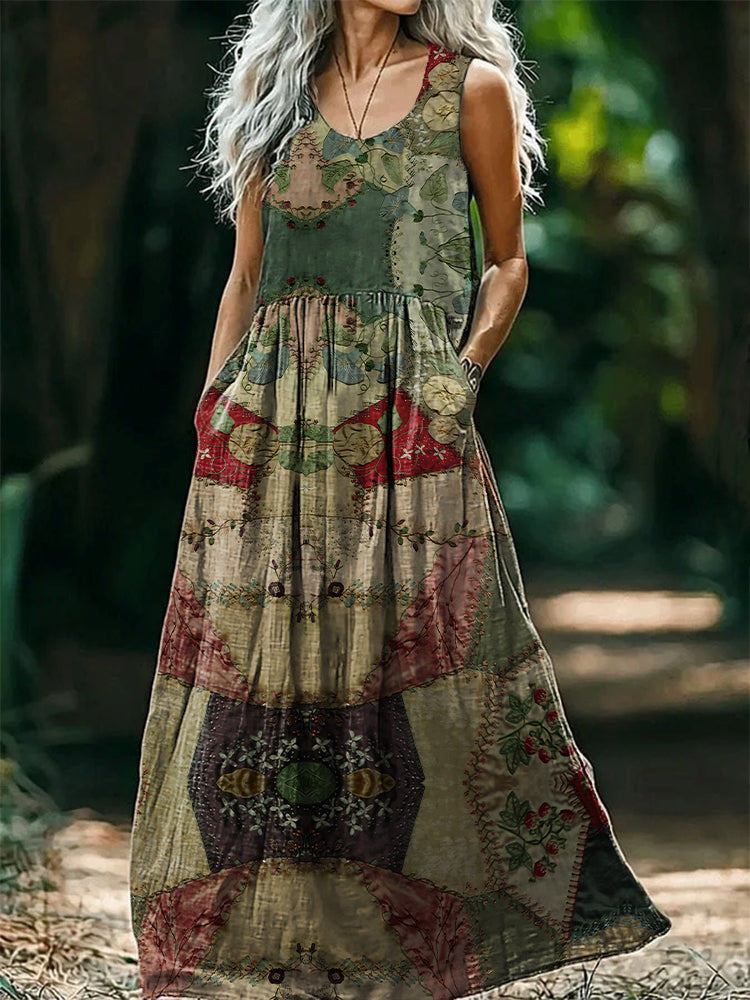 Women's Retro Floral Art Print V-Neck Button Pocket Cotton Dress