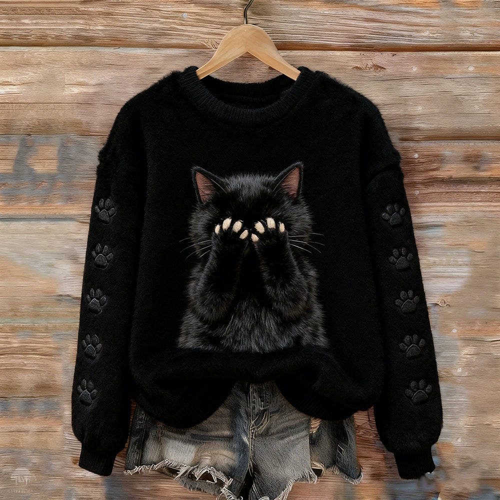 Shy Face-covering Black Cat Flannel Crewneck Sweatshirt elevenforest