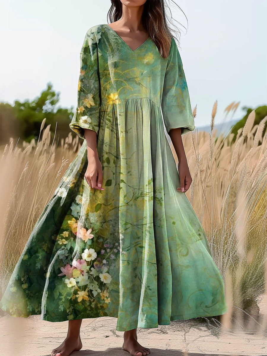 Women's Floral Art Print Flowy V-Neck Cotton Dress