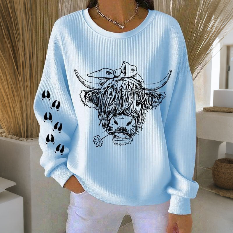 Women's Highland Cow Print Crew Neck Casual Sweatshirt artswardrobe