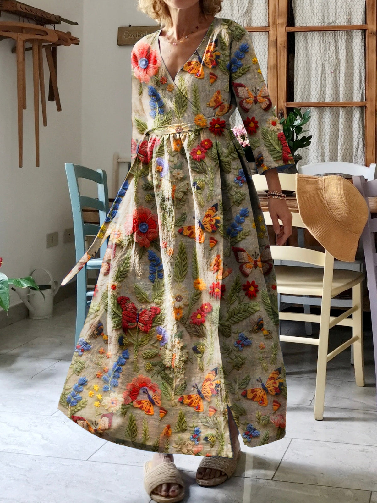 Women's Bohemian Butterfly Flowers Art Print V-Neck Cotton Pocket Wrap