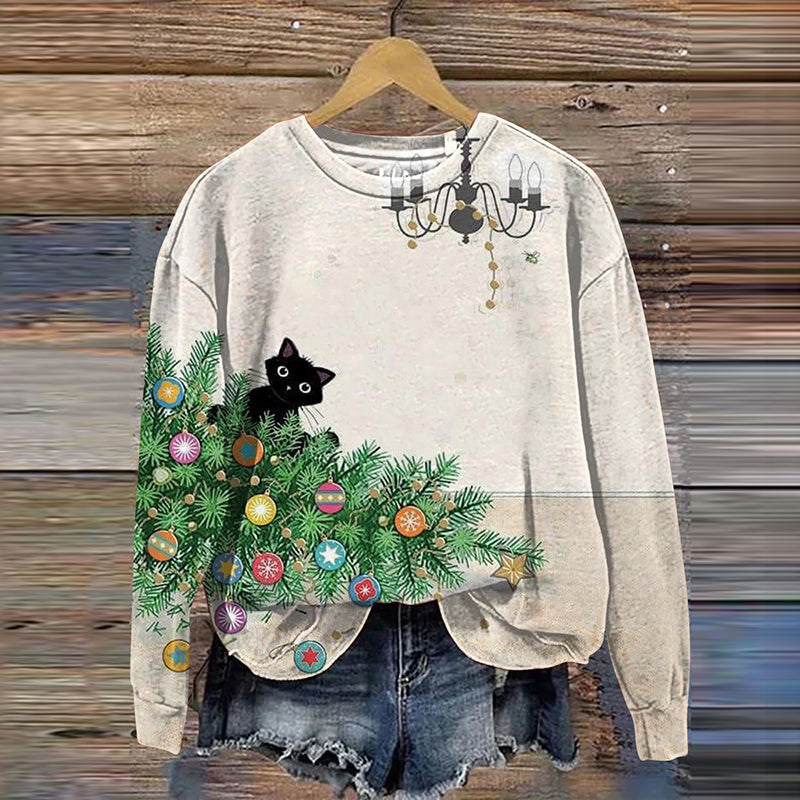Comstylish Christmas Cat Art Print Casual Sweatshirt