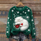 Christmas Sleeping Fuzzy Cat Stars Embroidered Cozy Plush Sweatshirt elevenforest