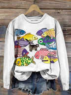 Colorful Fish & Cat Print Vintage Sweatshirt elevenforest