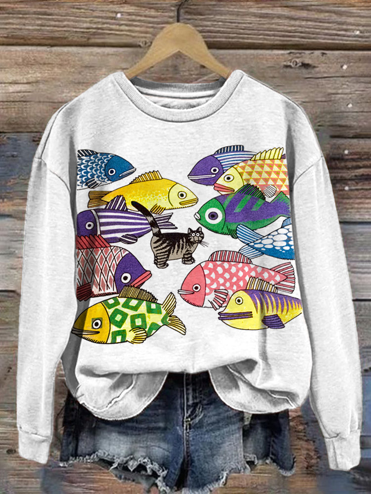 Colorful Fish & Cat Print Vintage Sweatshirt elevenforest