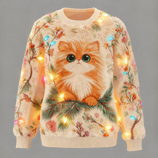 Women's Fun Christmas Cat Colored Lights Crew Neck Plush Sweatshirt elevenforest